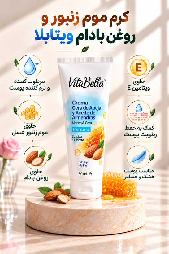 کرم موم زنبور عسل و روغن بادام ویتابلا – ۶۰ میلیلیتر 🐝🌿
